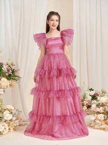 Teen Girl Square Neck Ruffle Polka Dot Mesh Maxi Party Dress - Pink - View 5