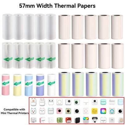 5捲迷你熱敏打印貼紙紙張，照片打印機熱敏紙張卷，迷你打印機貼紙紙張57 X 25mm，適用於迷你貼紙收據打印機和便攜口袋打印機