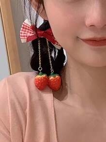 2 件/对白色蕾丝红格子蝴蝶结草莓边发夹，可爱草莓边发夹情人节情人爪夹发夹发夹