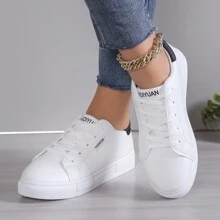 New Women's White English-Style Lace-Up Sneakers, Round Toe Low-Cut Thick Sole Anti-Slip Shoes, Fashionable Breathable Students' Chunky Shoes