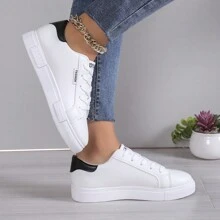 New Women's White English-Style Lace-Up Sneakers, Round Toe Low-Cut Thick Sole Anti-Slip Shoes, Fashionable Breathable Students' Chunky Shoes