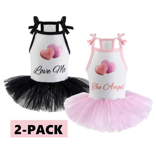 2 Pcs Dog Dress Puppy Dress Dog Princess Dress Pompous Pompous Dress And Love Wedding Lace Dress Suitable For Small Dog Girl Cat (Black, Pink)