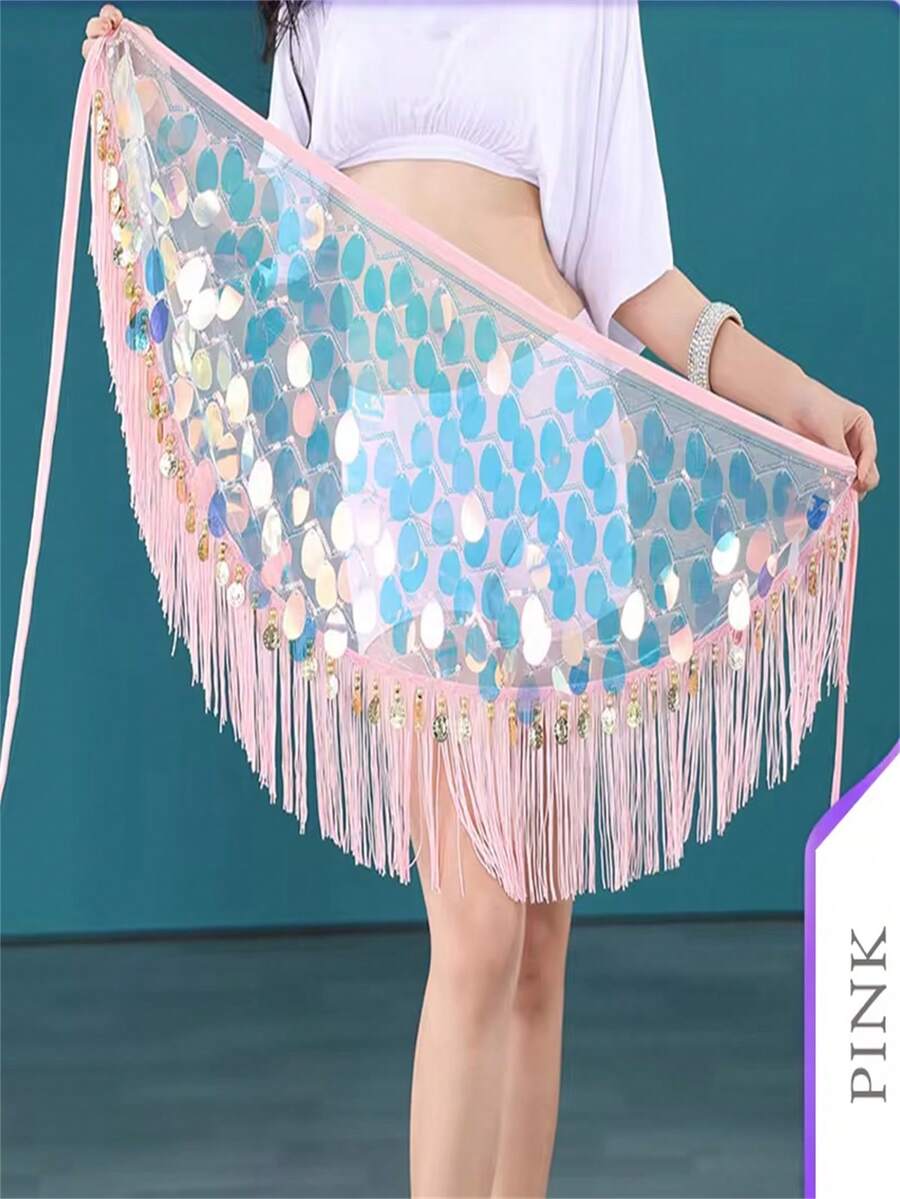 女士肚皮舞演出用鞍形腰鏈，秋季新款東方舞練習套裝 - 閃閃發亮的鑲有亮片的肚皮舞披肩，適用於萬聖節和節日 - 輕便、舒適、可調節 - 是舞蹈愛好者、嘉年華服裝和舞蹈配件的可愛禮物 - 粉色 - 查看 1