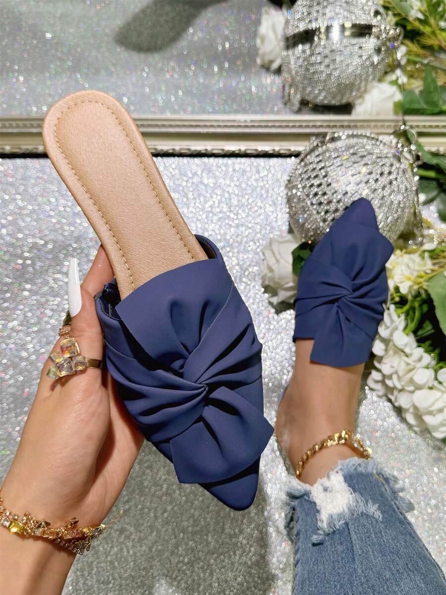 Damen flache Schuhe mit spitzer Kappe, elegante Mules mit Schleife, einfache und bequeme weiche Sohle modische Flats - marineblau - Übersicht 1