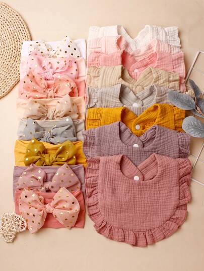 Set de 8 baberos elásticos suaves de colores pastel y 8 cintas elásticas suaves de colores pastel para bebés, adecuados para uso diario