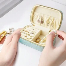 1入組PU皮革女性珠寶盒收納器，小型珠寶收納盒，智能耳環盤迷你珠寶展示架可存放耳環戒指項鍊手鐲 - 藍色 - 查看 6