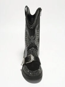 Women's Western Rhinestone Wing Ankle Boots With Buckle Trim - Lug Round Toe Low Heel For Special Events - Black - View 5