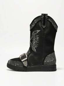 Women's Western Rhinestone Wing Ankle Boots With Buckle Trim - Lug Round Toe Low Heel For Special Events - Black - View 3