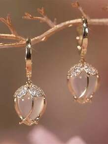 2pcs Creative Tulip Shaped Earrings With Faux Opal, Cute Earrings For Girls - Random - Gold - View 6