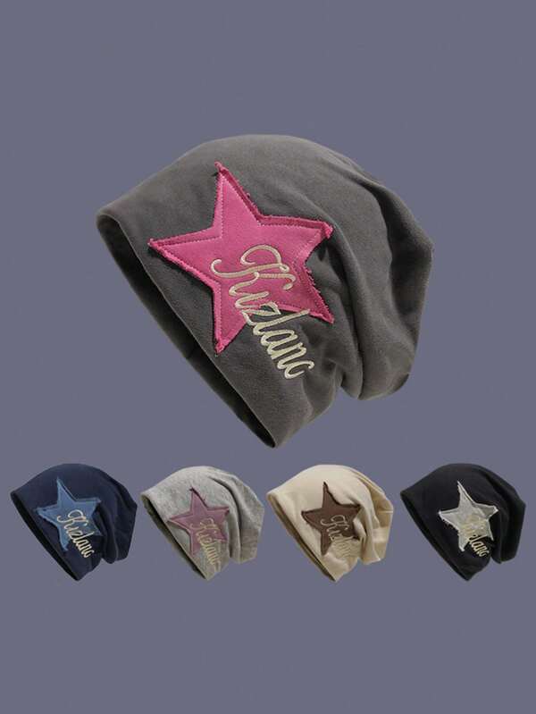 1pc Women's Vintage Brand Frayed Star Embroidery Beanie, Hip Hop Street Style, Sweet & Cool Pile Hat, Autumn-Winter Warmth