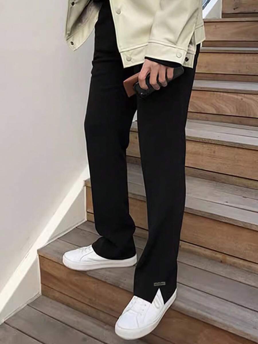 1入組青少年男孩戶外休閒長褲,開叉式褶邊和塑膠標貼裝飾,直身剪裁,適合春夏秋季 - 黑色 - 查看 1