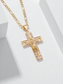 1pc Vintage Style Shiny Copper Zirconia Inlaid Small Jesus Cross Pendant Necklace, Fashionable & Simple, Comes With Luxury Gift Box, Suitable For Christmas/Thanksgiving/Halloween/Mother's Day/Valentine's Day, Catholic First Communion, Daily & Holiday Wear - Yellow Gold - View 7