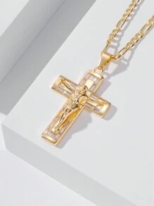 1pc Vintage Style Shiny Copper Zirconia Inlaid Small Jesus Cross Pendant Necklace, Fashionable & Simple, Comes With Luxury Gift Box, Suitable For Christmas/Thanksgiving/Halloween/Mother's Day/Valentine's Day, Catholic First Communion, Daily & Holiday Wear - Yellow Gold - View 6