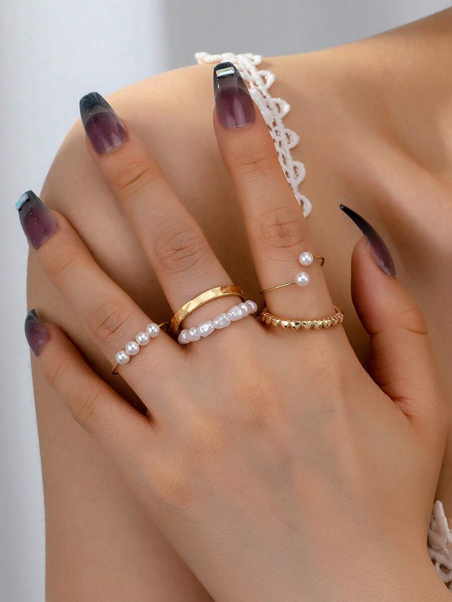 JYBY 5pcs/Set European And American Style Fashion Stacking Rings, Ideal For Women - Imitation Pearl Set - View 1