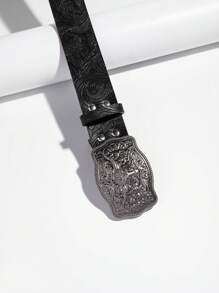 1 件女士西部牛仔风格雕花复古带扣皮带，适合音乐节、万圣节、夏季、学校、秋季、万圣节 - 黑色 - 查看 5