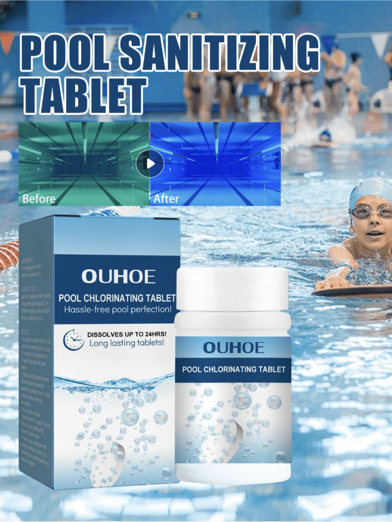 OUHOE Swimming Pool Chlorine Tablets, Multi-Functional Effervescent ...