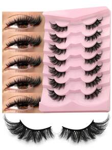 GROINNEYA 7对半睫毛猫眼假睫毛漫画睫毛短款柔软3d仿貂毛睫毛柔软自然妆容（JB01） - 黑色 - 查看 1