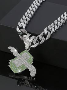 嘻哈風格搭配鑲嵌水晶翅膀圖案美元符號吊墜項鍊，派對禮物首選，使用合金材質製成，男女適用 - 金色 - 查看 10