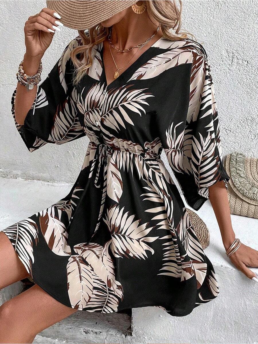 Vestido resort informal con cuello en V y mangas murciélago - Negro - Ver 1