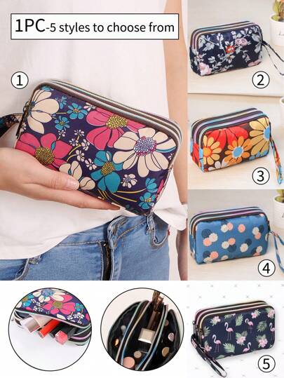 1 pieza Cartera larga con estampado floral, con 3 cremalleras, gran capacidad, elegante bolsa de cosméticos, organizador de maquillaje portátil para viajes, adecuado para niñas y mujeres, cartera grande con estampado floral retro, monedero con cremallera, organizador portátil con muñequera, tarjetero con múltiples ranuras, embrague diario perfecto