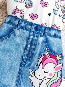 Young Girl Knitted Unicorn Cap Sleeve T-Shirt And Denim Effect Skirt Set, Spring/Summer