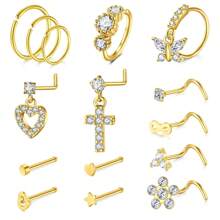 CIZME 15 Stücke stilvolle Nasenpiercing-Schmucksets aus Edelstahl mit Nasenstiften, Nasenringen und U-förmigen, L-förmigen Nasennadeln in 20G, Herz- und Sternmuster für verschiedene Anlässe, Valentinstag-Nasenpiercing-Schmuck