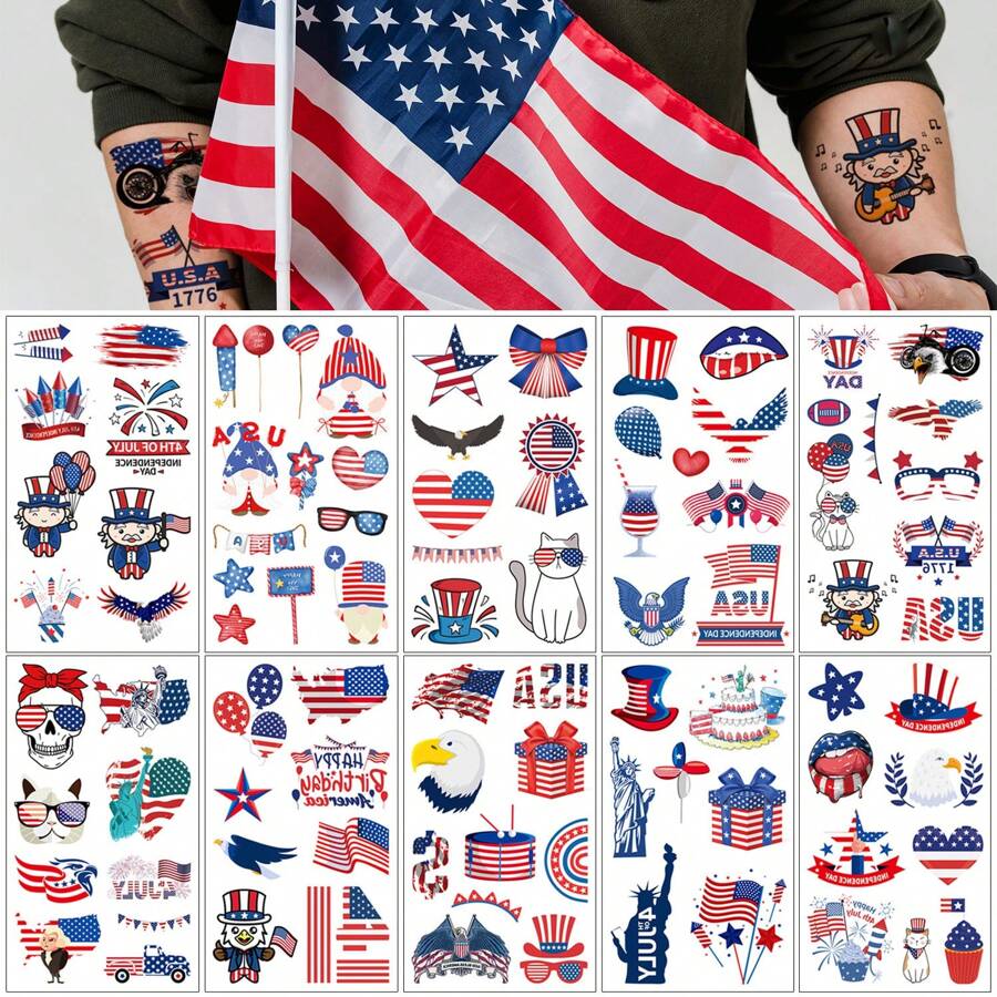10 Sheets USA Independence Day Flag Pattern Temporary Tattoo Stickers