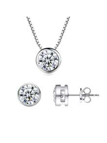 1pair Earrings + 1pc Necklace Genuine 925 Sterling Silver Round Cubic Zirconia Pave Wedding Engagement Jewelry Set For Women - White - View 1