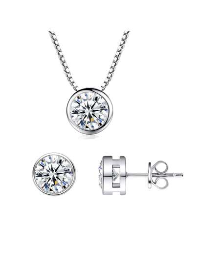 1 par örhängen + 1 st Halsband Äkta 925 Sterling Silver Rund Cubic Zirconia Pave Bröllopsförlovningssmyckeset för kvinnor