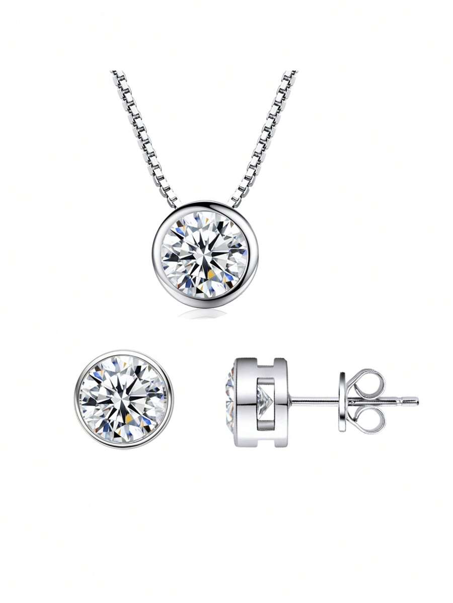 1pair Earrings + 1pc Necklace Genuine 925 Sterling Silver Round Cubic Zirconia Pave Wedding Engagement Jewelry Set For Women - White - View 1