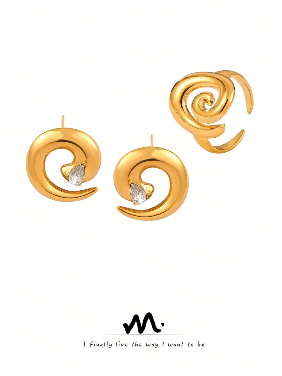 2 chiếc Bông tai xoắn ốc có thể xoay được, phụ kiện sang trọng nhẹ đơn giản và độc đáo được làm bằng thép titan mạ vàng với đá Zirconia, không phai màu - Vàng - Xem 1
