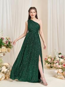 Teen Girls' One-Shoulder High-Slit A-Line Graduation Dress – Formal Dress For Black-Tie Galas, Wedding Receptions, Debutante Balls, Award Ceremonies & Theater Premieres - Dark Green - View 2