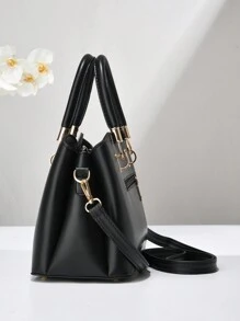 PLANEE純色女士手提包，雙手柄肩背包，時尚斜挎包帶吊飾，經典大容量雙手柄拼接肩背包 - 黑色 - 查看 6