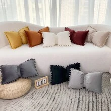 1pc Velvet Bow Knot Pillowcase Without Pillow Core, Cute Square Pillowcase With Pom Pom Bow Knot, Living Room Sofa Decoration Gifts Birthday Graduation - Multicolor - View 7