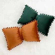 1pc Velvet Bow Knot Pillowcase Without Pillow Core, Cute Square Pillowcase With Pom Pom Bow Knot, Living Room Sofa Decoration Gifts Birthday Graduation - Multicolor - View 5