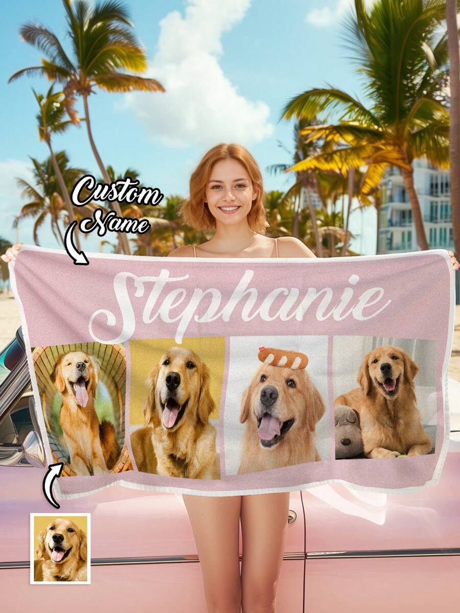 1pc Custom Beach Towel, Custom Photo&Name Beach Towel, Custom Dog BeachTowel, 70*140cm, 80*130cm, Perfect For Outdoor Beach Travel Swimming Gym Yoga, Beach Accessories, Perfect For Men & Women, Anniversary Gift, Birthday Gift, Mother's Day Gift, Father's Day Gift, Best Friend Gift, Gift For Girlfriend/Boyfriend