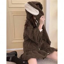 BZB Kawaii Anime Bunny Ear Hoodies For Women Sweet Lovely Fuzzy Fluffy Rabbit Sweater Tops Cosplay Jacket Coats - Brown - View 5