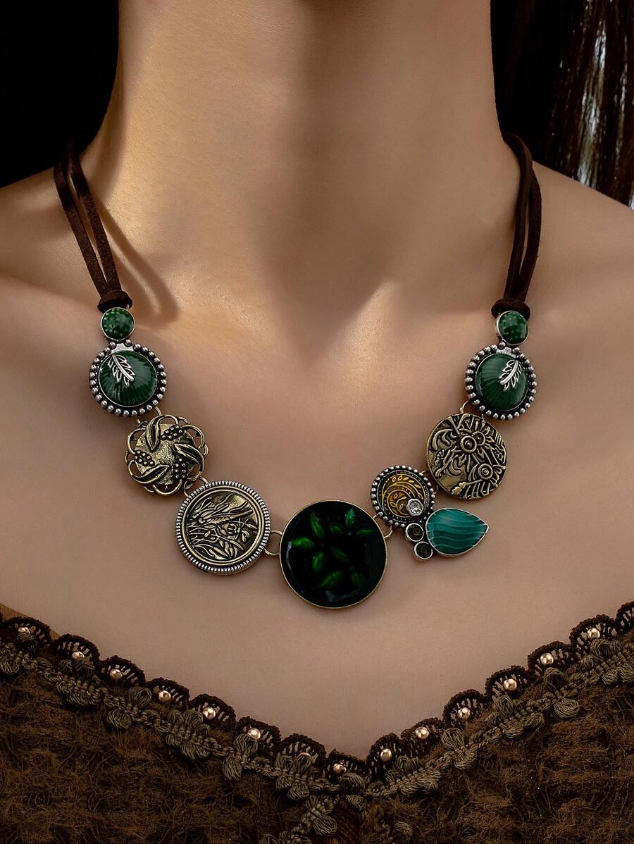 1pc Vintage Western Bohemian Style Luxurious Floral Texture Oil Drop Design Women's Necklace