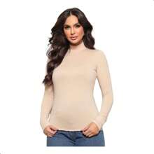 Blusa Cacharrel Feminina Manga Longa Gola Alta Suplex Camiseta Feminina Segunda Pele - Bege - Visão 5