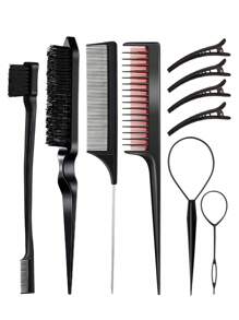 Set de 10 peines para peinado que incluye peine para cardado, peine triple para cardado, peine con cola para peinar los bordes, cepillo de bordes, herramienta de trenzado con lazo y clips para el cabello para las mujeres, niñas y estilistas de cabello para trenzar y peinar hacia atrás,herramientas para el cabello - Multicolor - Ver 2