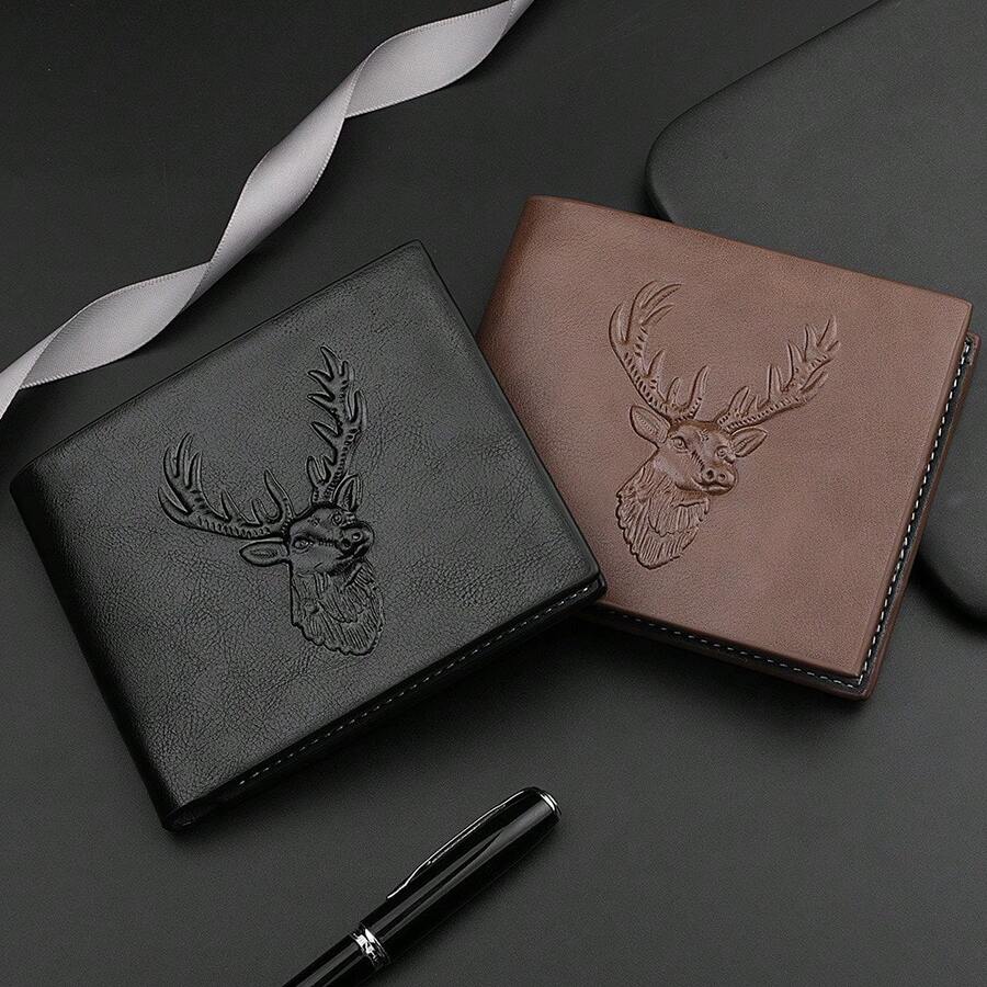 1pc Animal Deer Head 3D Embossed Pattern Classic Wallet, Men's Business PU Leather Wallet For Gift - Black - View 1