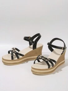 Sandali con zeppa da donna per l'estate, con suola spessa, decorazione in metallo, modello incrociato con punta aperta, slip-on, comodi e di moda, con tacco alto, adatti per uso esterno, feste, spiaggia, suola leggera, sandali neri slip-on con fibbia