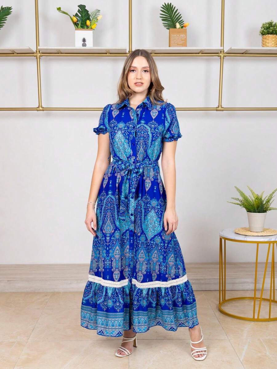 Vestido largo con abertura de boton con cuello camisero con liston en la cintura - azul real - Ver 1