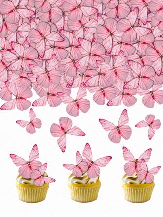 72 件蝴蝶蛋糕装饰彩色鲜艳蝴蝶蛋糕装饰威化纸蝴蝶纸杯蛋糕装饰适用于结婚周年纪念派对生日派对装饰（粉色）