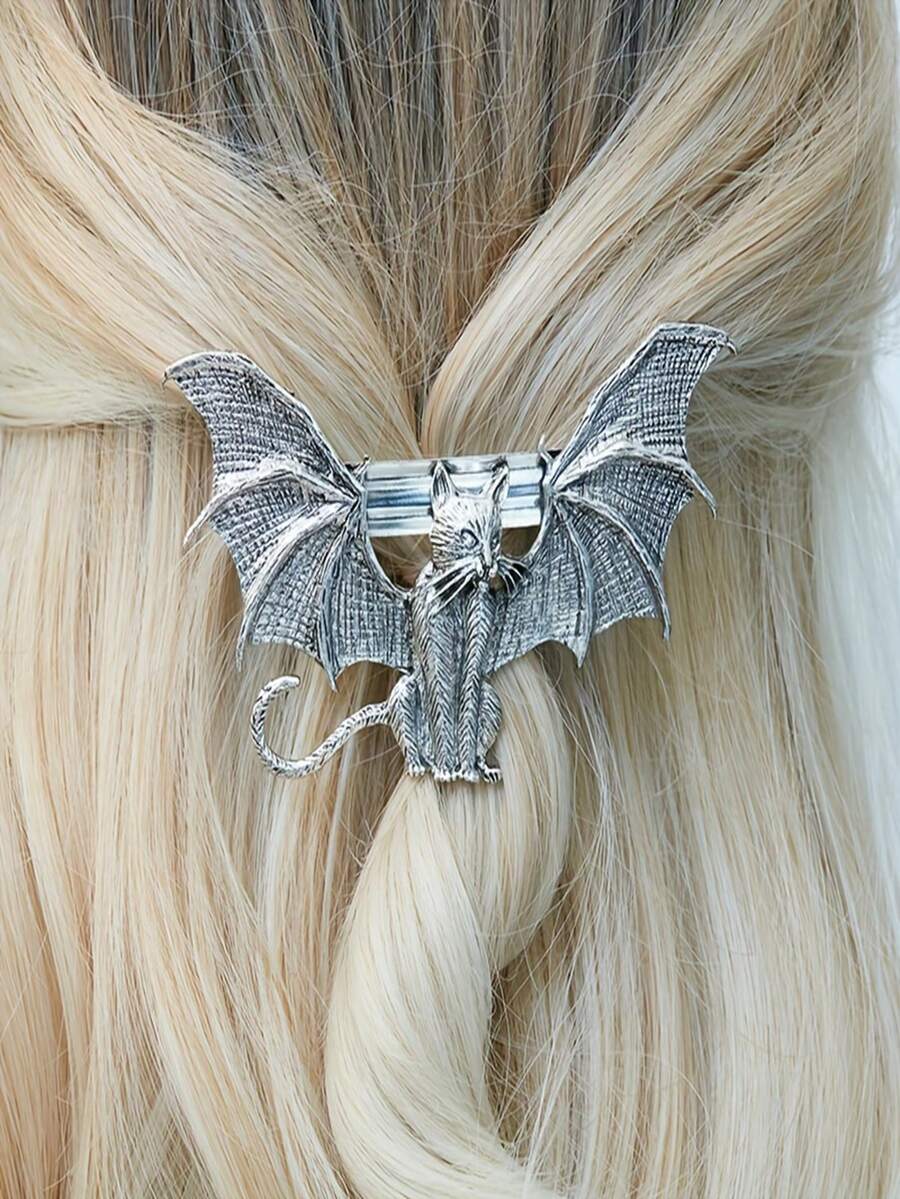 1 Kẹp Tóc Mèo Gothic Cổ Điển, Kẹp Lò Xo Hợp Kim, Phụ Kiện Tóc Updo Nửa Thanh Lịch, Thiết Kế Hình Thú Màu Trơn, Dành Cho Bướm Từ 14 Tuổi Trở Lên - bạc cổ - Xem 1
