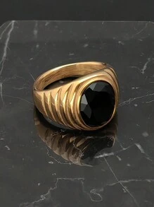 Men Jewelry Gold 18K Plated 316 Stainless Steel Fashion Solid High Quality Black Stone Rings