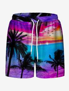 Bañador corto de hombre, estilo de playa de Hawaii con impresión digital 3D de árboles de coco y plantas tropicales con atardecer, ropa de playa casual para vacaciones, de una sola capa sin forro, pantalones cortos de surf con cordón - Multicolor - Ver 2