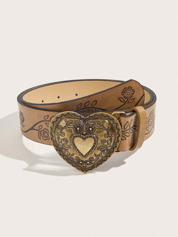 1 Pc Unisex Retro Buckle Print PU Leather Belt, Fashion & Versatile For Daily Wear Summer, School