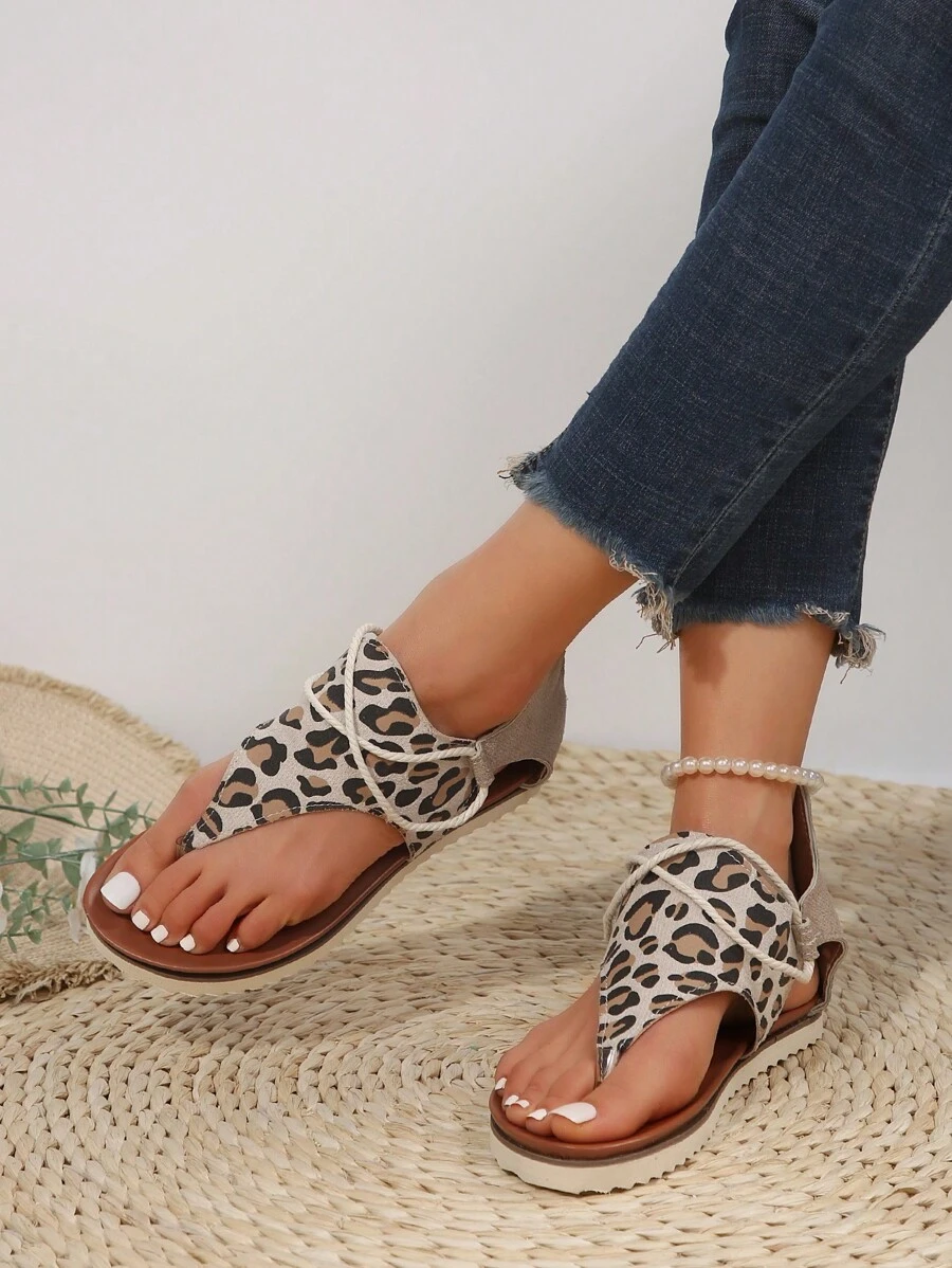 Classic Style Women's Roman Sandals, Lightweight Leopard Print Foot Gladiator Sandals With Back Zipper And Toe Ring - Leopard - View 1