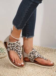 Classic Style Women's Roman Sandals, Lightweight Leopard Print Foot Gladiator Sandals With Back Zipper And Toe Ring - Leopard - View 3